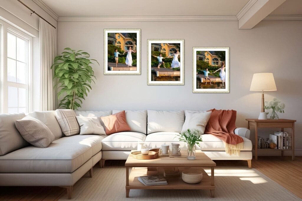 Wall display of three framed images showing playful moments of a brother and sister jumping off a dock into the lake, emphasizing storytelling through printed heirloom photography, captured by Capture Joy, Northern Virginia family photographer.