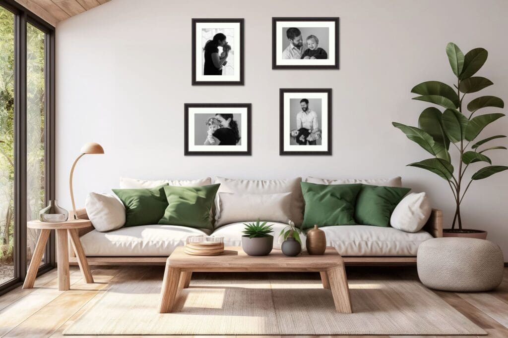 Elegant black-and-white framed portraits of parents with children displayed in a serene living space, emphasizing the timeless beauty and emotion of printed heirloom photography, captured by Capture Joy, Northern Virginia family photographer.